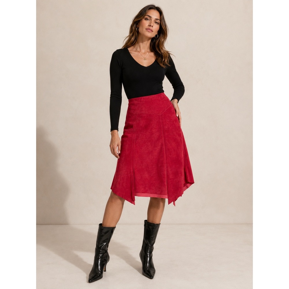 Danier Coral Genuine Suede Leather Asymmetrical Handkerchief Midi Skirt Size 10